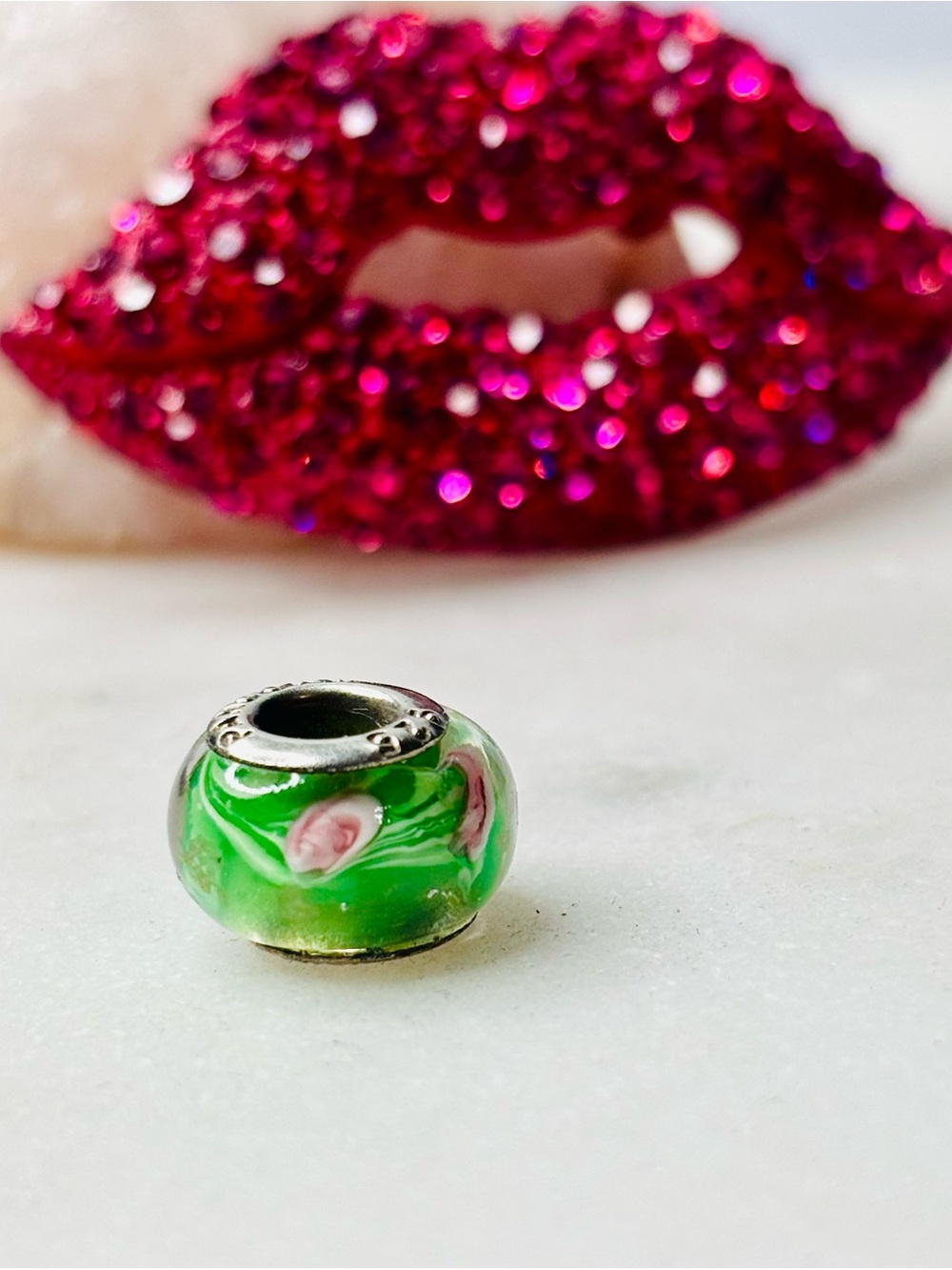 Pandora Green Glass Charm with Pink Swirl Roses